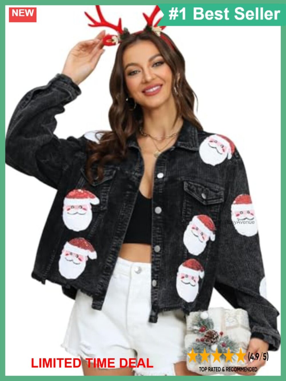 Distressed Cropped Corduroy Jacket Santa Sequin Patched